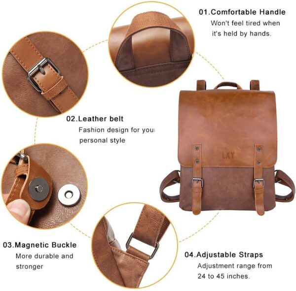 LXY Vegan Leather Backpack Vintage Laptop Bookbag for Women ... - Image 3
