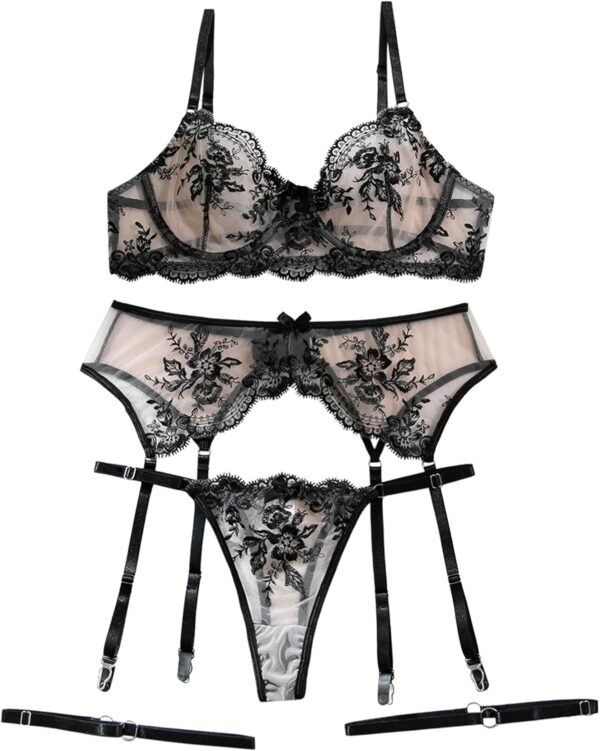 Lilosy Sexy Floral Embroidery Mesh Sheer Underwire Push Up G... - Image 7