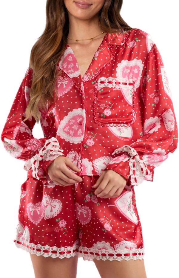 Women Holiday Party Pajamas Cute Satin Silk PJs 2 Piece Outf... - Image 2