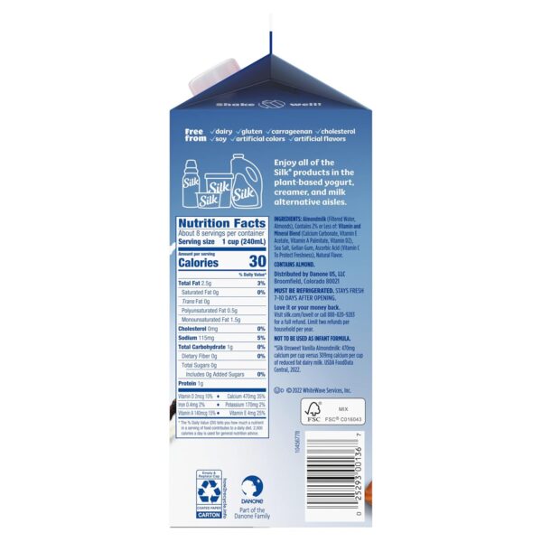 Silk Almond Milk, Unsweet Vanilla, Dairy Free, Gluten Free, ... - Image 14