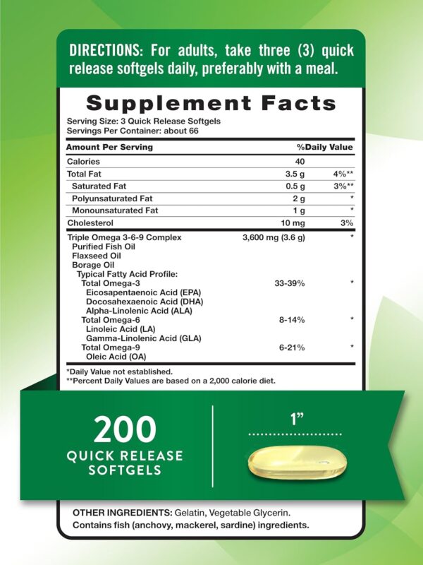 Nature's Truth Triple Omega 3 6 9 | 3600mg | 200 Softgels | ... - Image 3