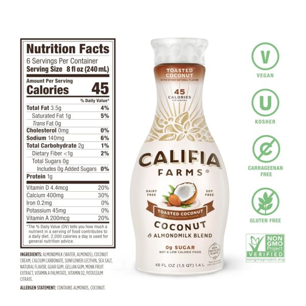 Califia Farms - Toasted Coconut Almond Milk, 48 Oz, Dairy Fr... - Image 7