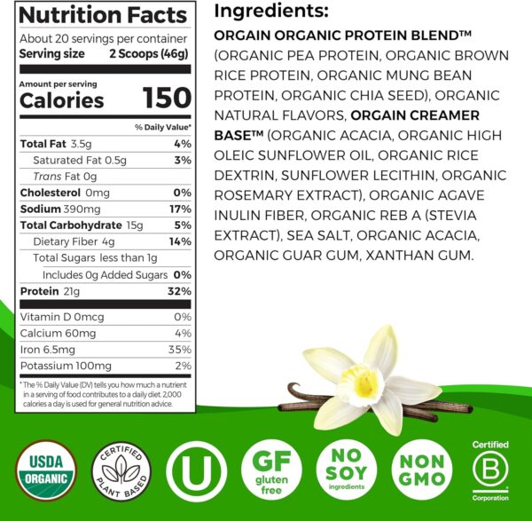 Orgain Organic Vegan Protein Powder, Vanilla Bean - 21g Plan... - Image 3