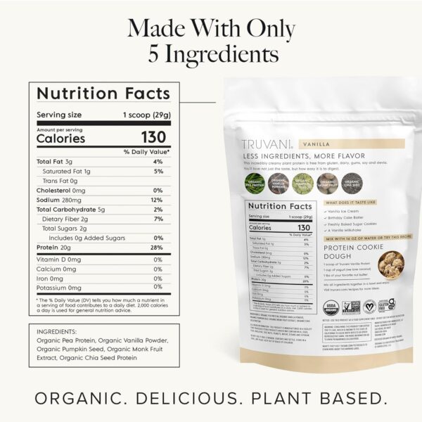 Truvani Vegan Pea Protein Powder | Vanilla | 20g Organic Pla... - Image 3