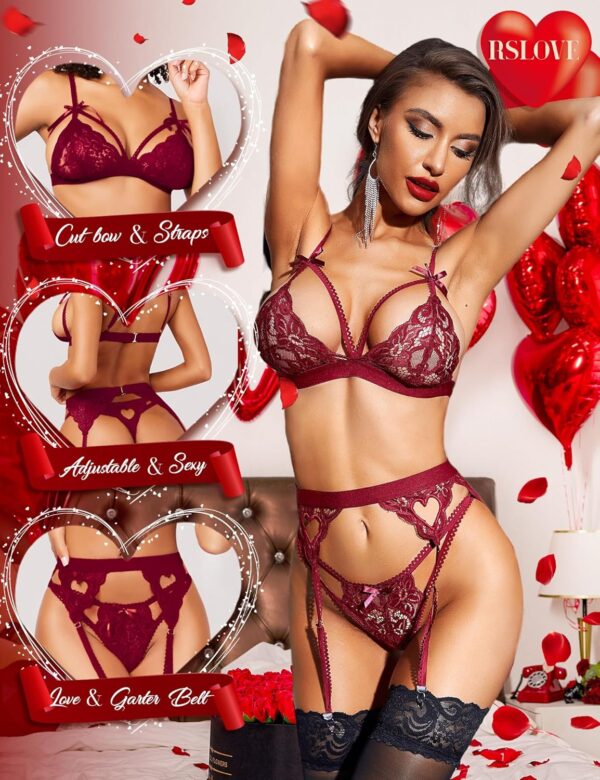 RSLOVE Women Lingerie Sets with Garter Belt 3 Piece Lace Ted... - Image 4