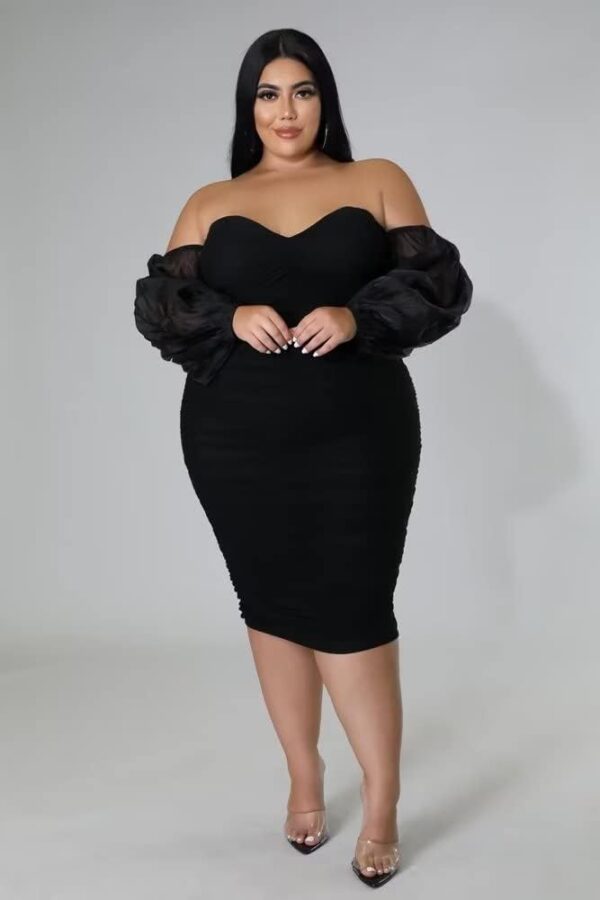 Women's Plus Size Off The Shoulder Mesh Long Sleeve Bodycon ... - Image 2