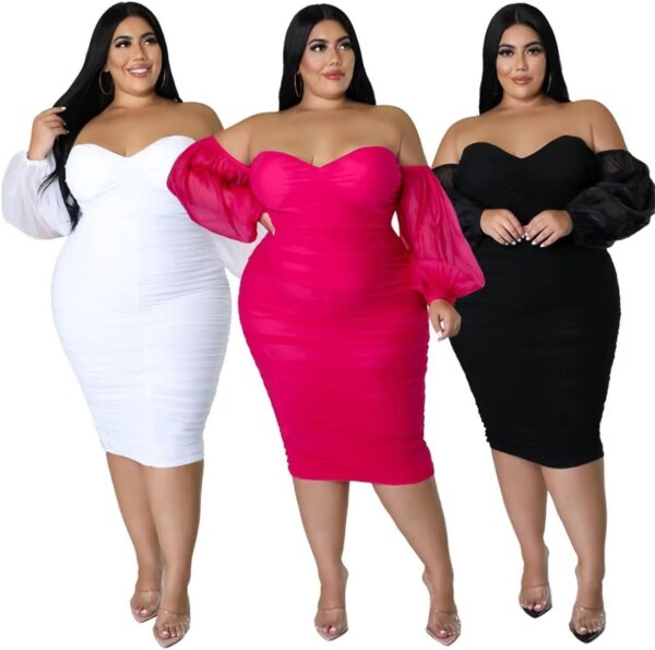 Women's Plus Size Off The Shoulder Mesh Long Sleeve Bodycon ... - Image 4