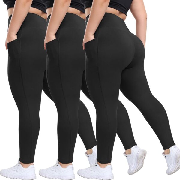 HLTPRO 3 Pack Plus Size Leggings with Pockets for Women - Bl... - Image 2