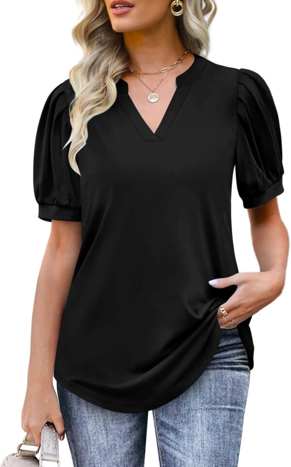 OFEEFAN Women's Pleated Puff Sleeve Tops Summer V Neck Tunic... - Image 3