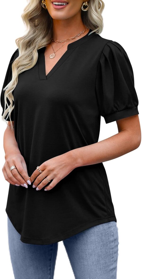 OFEEFAN Women's Pleated Puff Sleeve Tops Summer V Neck Tunic... - Image 4