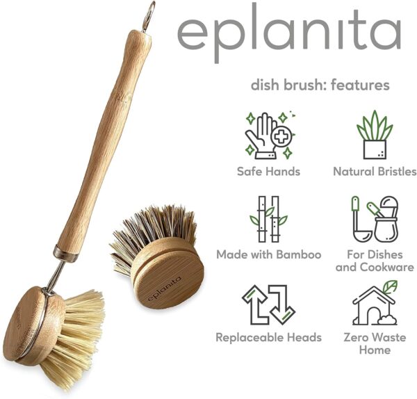 eplanita Natural Dish Brush, 3 Replacement Heads, Kitchen Ec... - Image 3